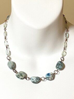 Teal Agate & Green Fluorite Short Necklace, Genuine Gemstone & Copper Links